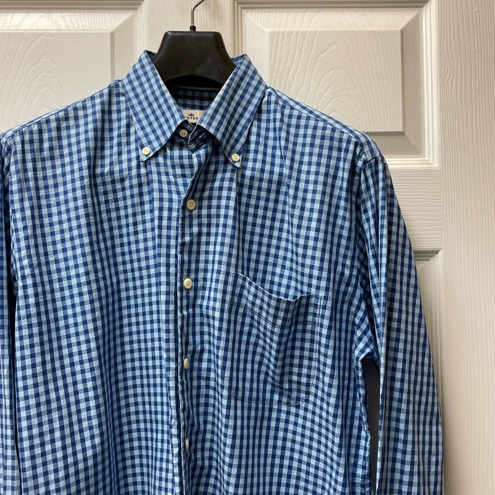 Peter Millar Men's Sz Medium‎ Blue/Navy  Gingham Checkered Button Up 100% Cotton